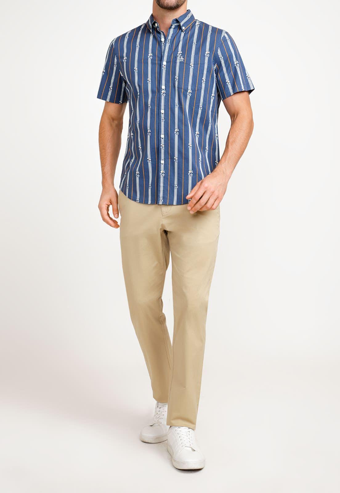 Camisa De Hombre Algodón Estampado Azul-3
