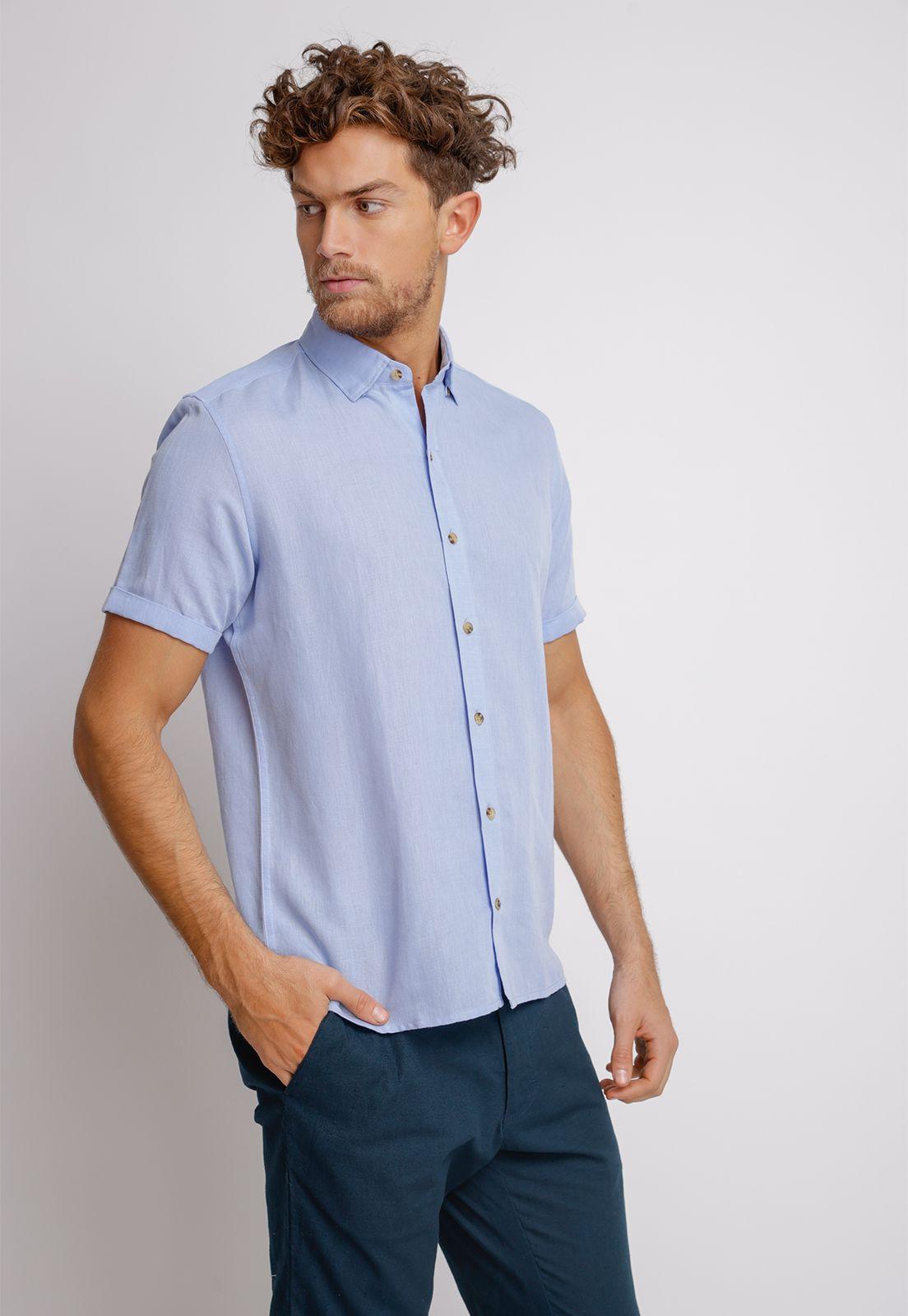 Camisa Manga Corta hombre Slim Fit Boris Algodón Celeste-0