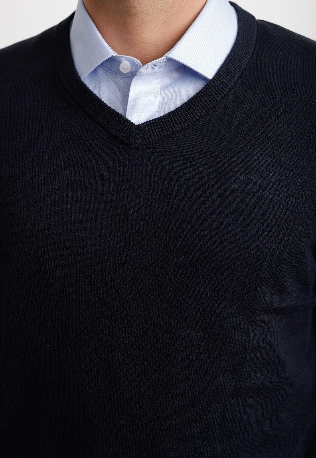 Sweater Cuello V Lana Seda Azul Marino-2