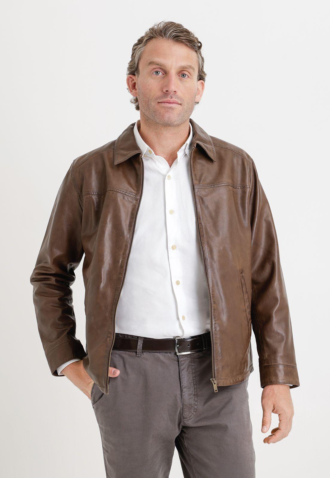 Chaqueta Hombre Cuero Liso Slim Aaron Café-0