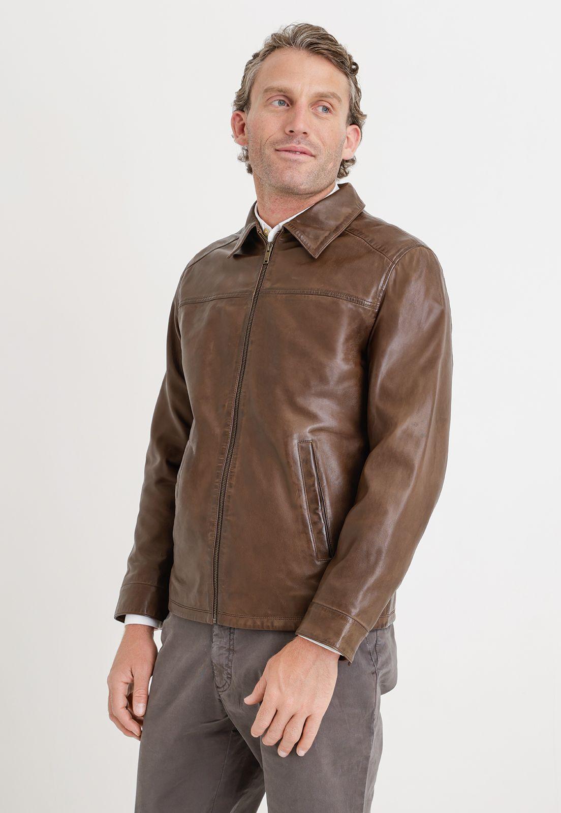 Chaqueta Hombre Cuero Liso Slim Aaron Café-3