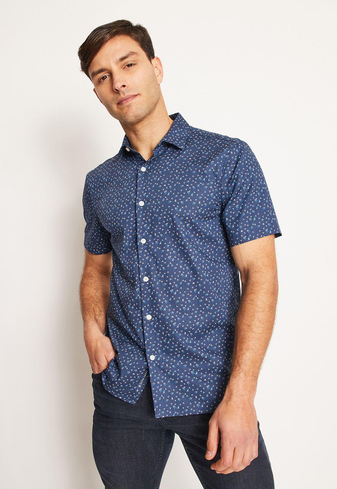 Camisa Hombre Manga Corta Stretch Estampada Azul-0