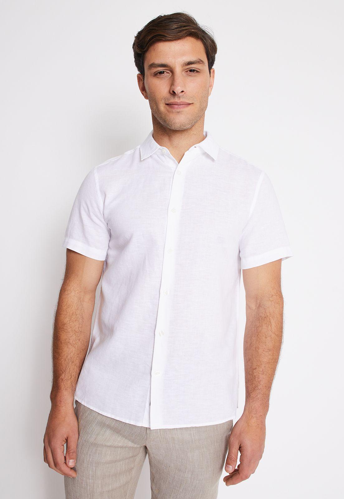 Camisa Hombre Manga Corta Lino Lisa Natural-0