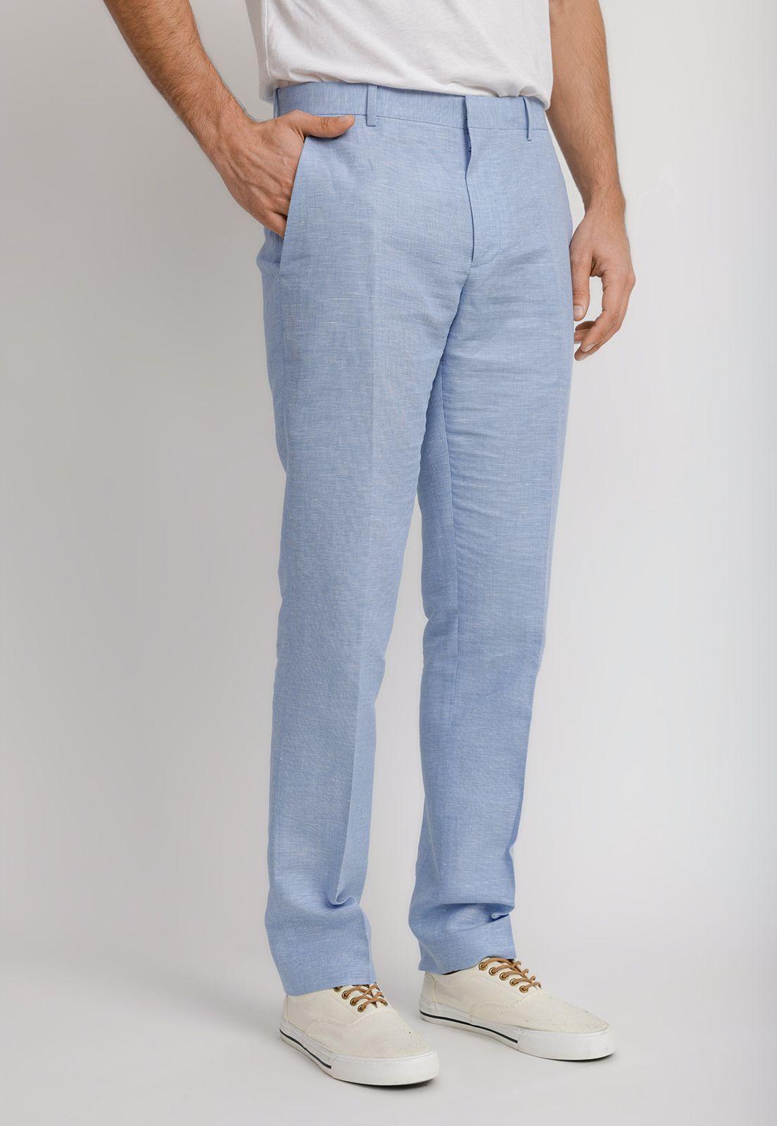 Pantalón Formal Hombre Lino Celeste-0