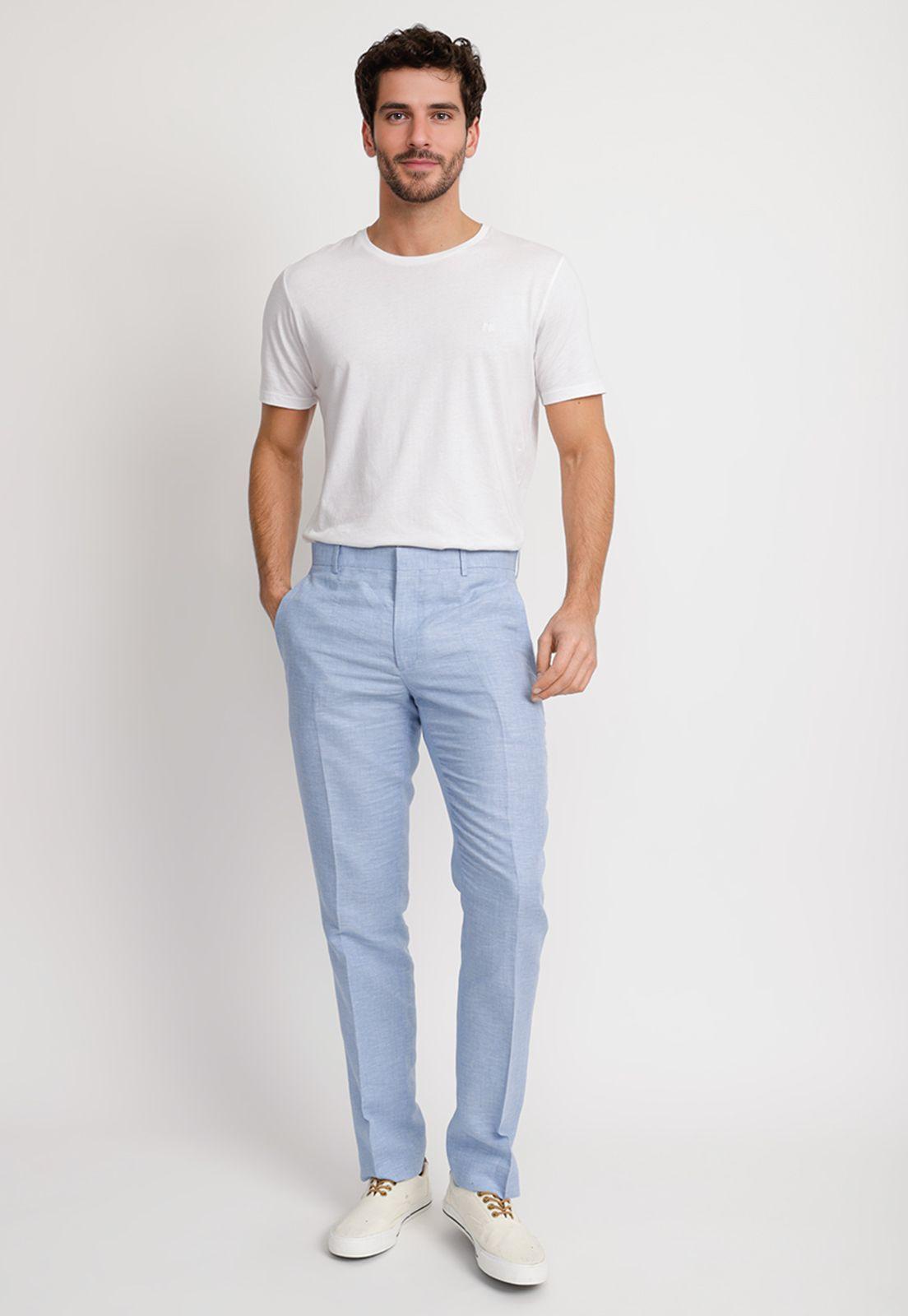 Pantalón Formal Hombre Lino Celeste-3
