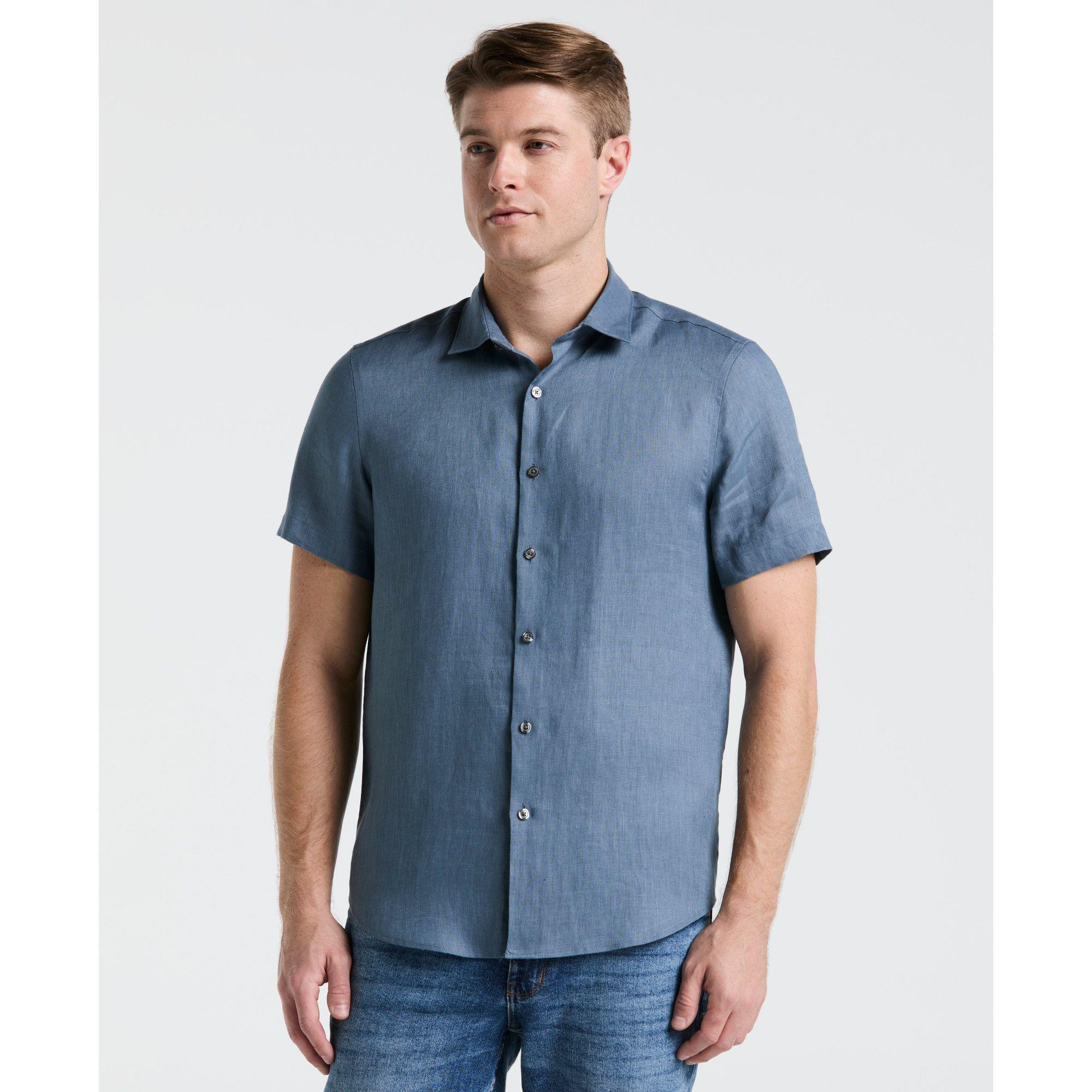 Camisa Hombre Lino Manga Corta Azul 4KSW7059-0