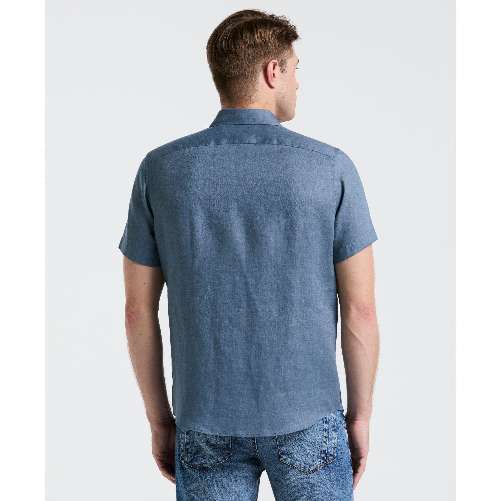 Camisa Hombre Lino Manga Corta Azul 4KSW7059-1