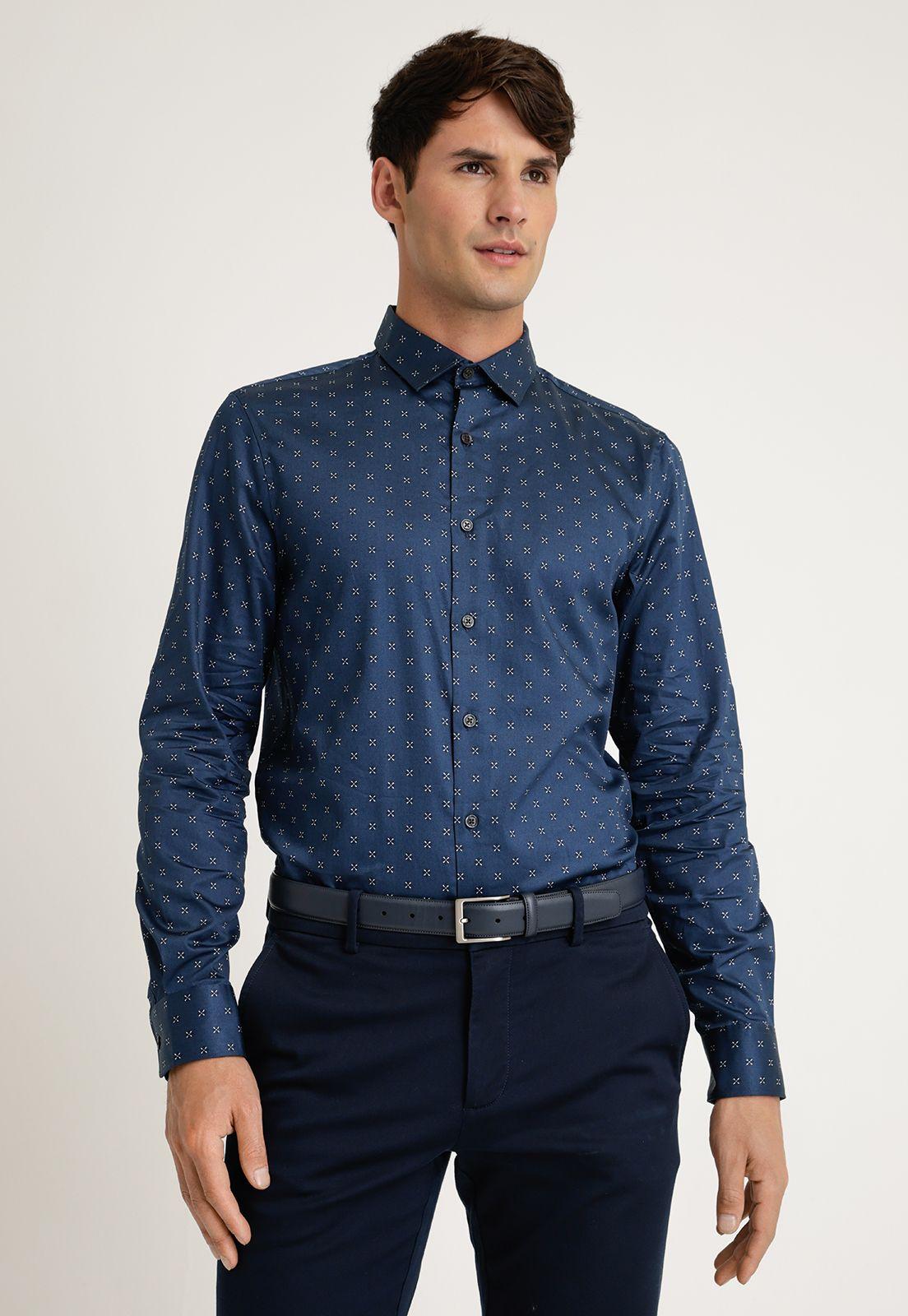 Camisa Hombre Manga Larga Estampada Azul-0