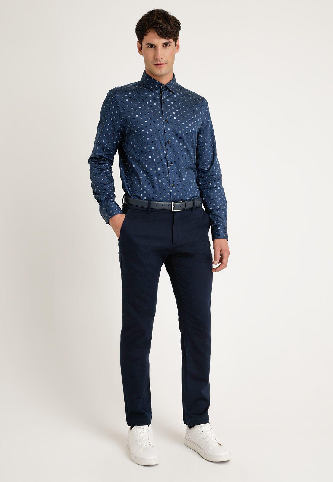 Camisa Hombre Manga Larga Estampada Azul-3