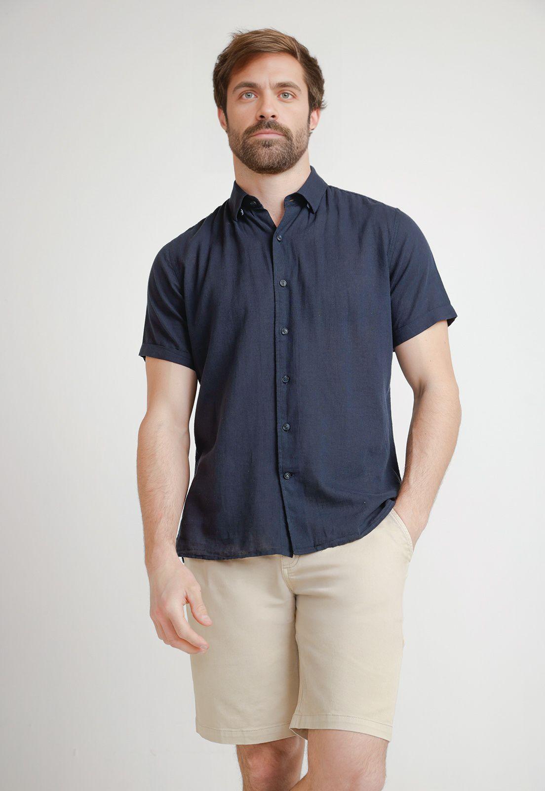 Camisa Hombre Mezcla Lino Algodón Liso Slim Boris Azul Marino-0