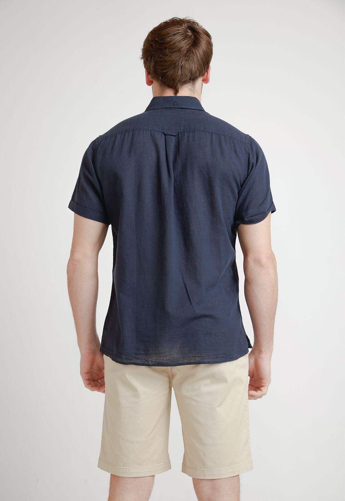 Camisa Hombre Mezcla Lino Algodón Liso Slim Boris Azul Marino-1