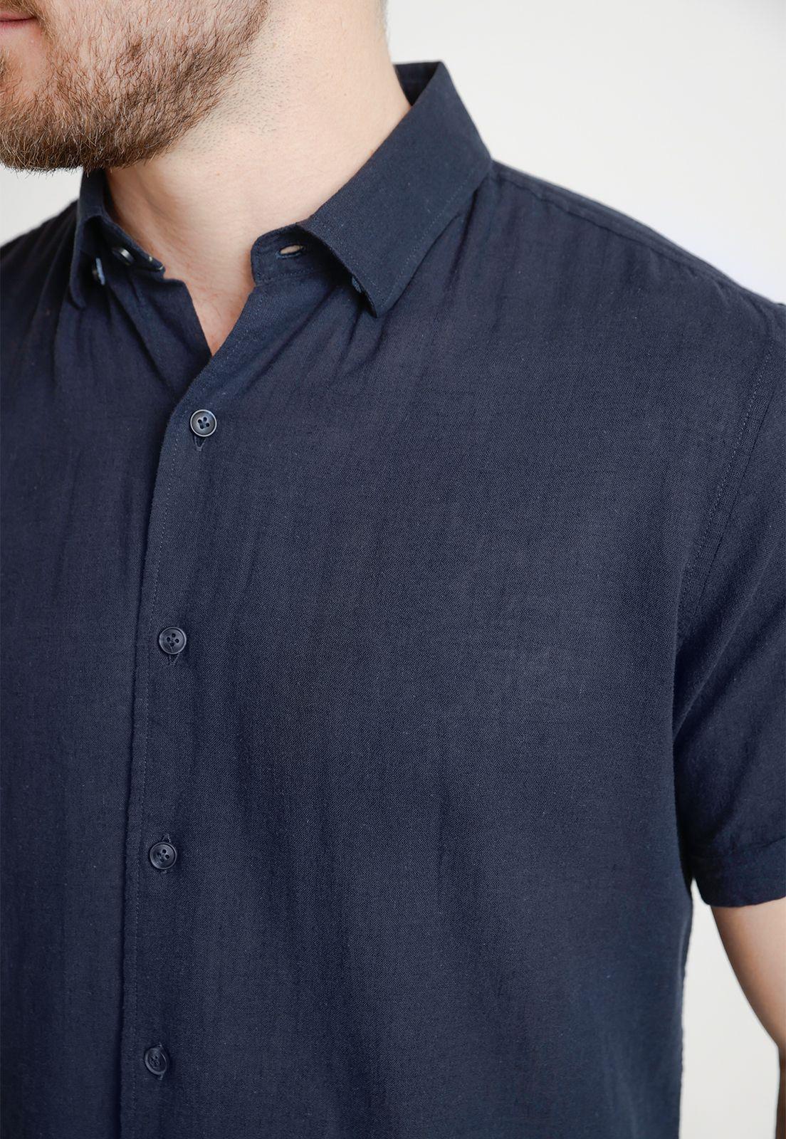 Camisa Hombre Mezcla Lino Algodón Liso Slim Boris Azul Marino-2