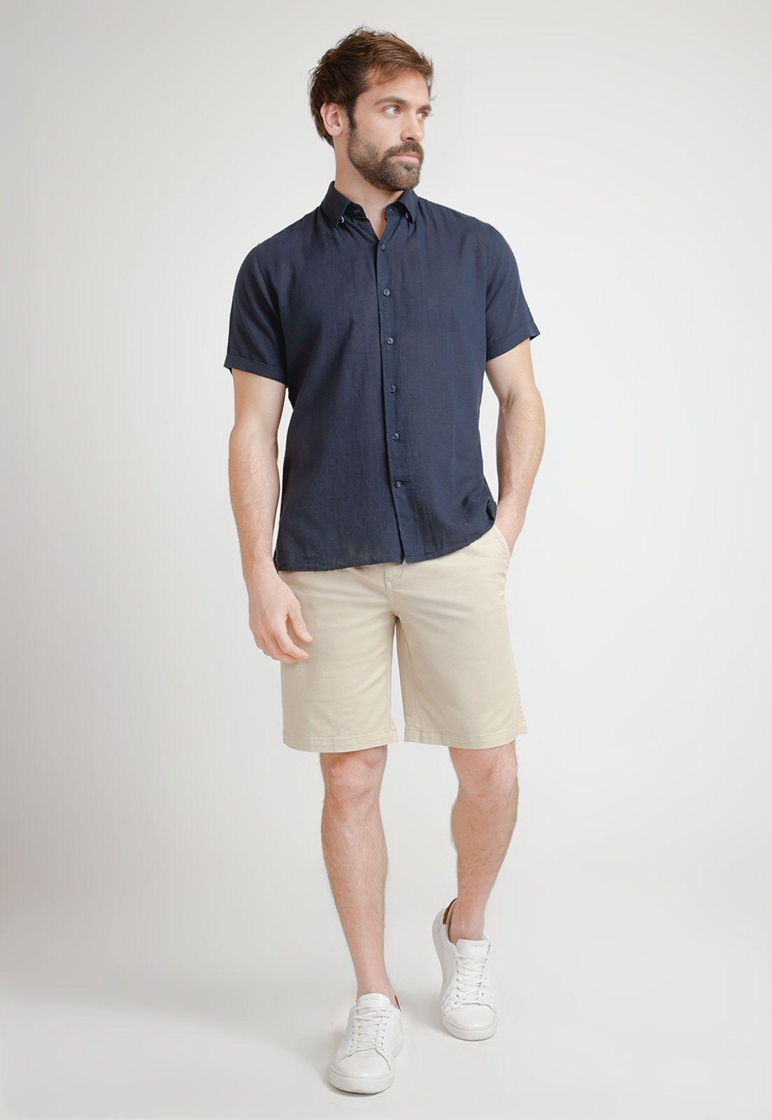 Camisa Hombre Mezcla Lino Algodón Liso Slim Boris Azul Marino-3