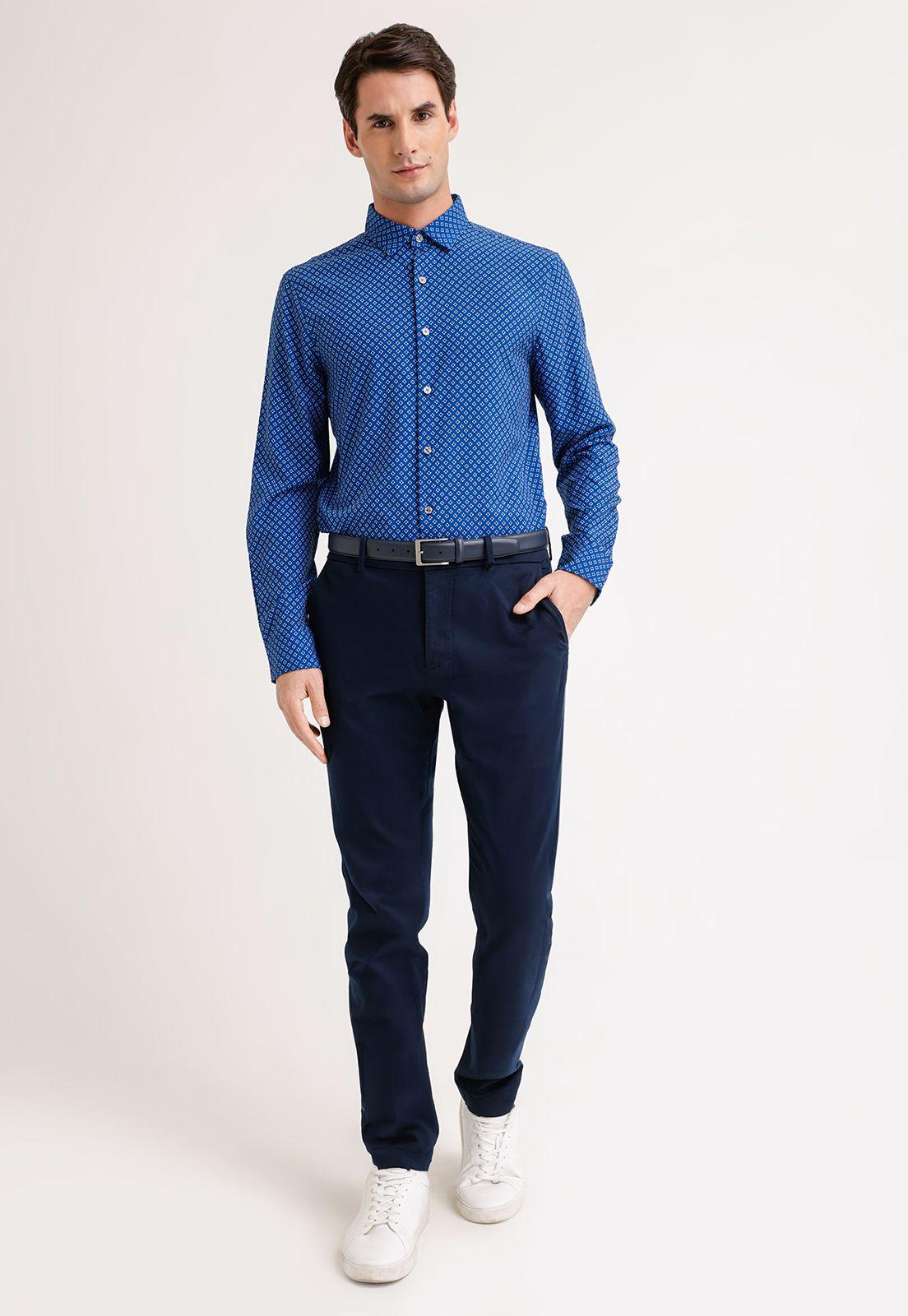 Camisa Hombre Manga Larga Stretch Estampada Azul-3