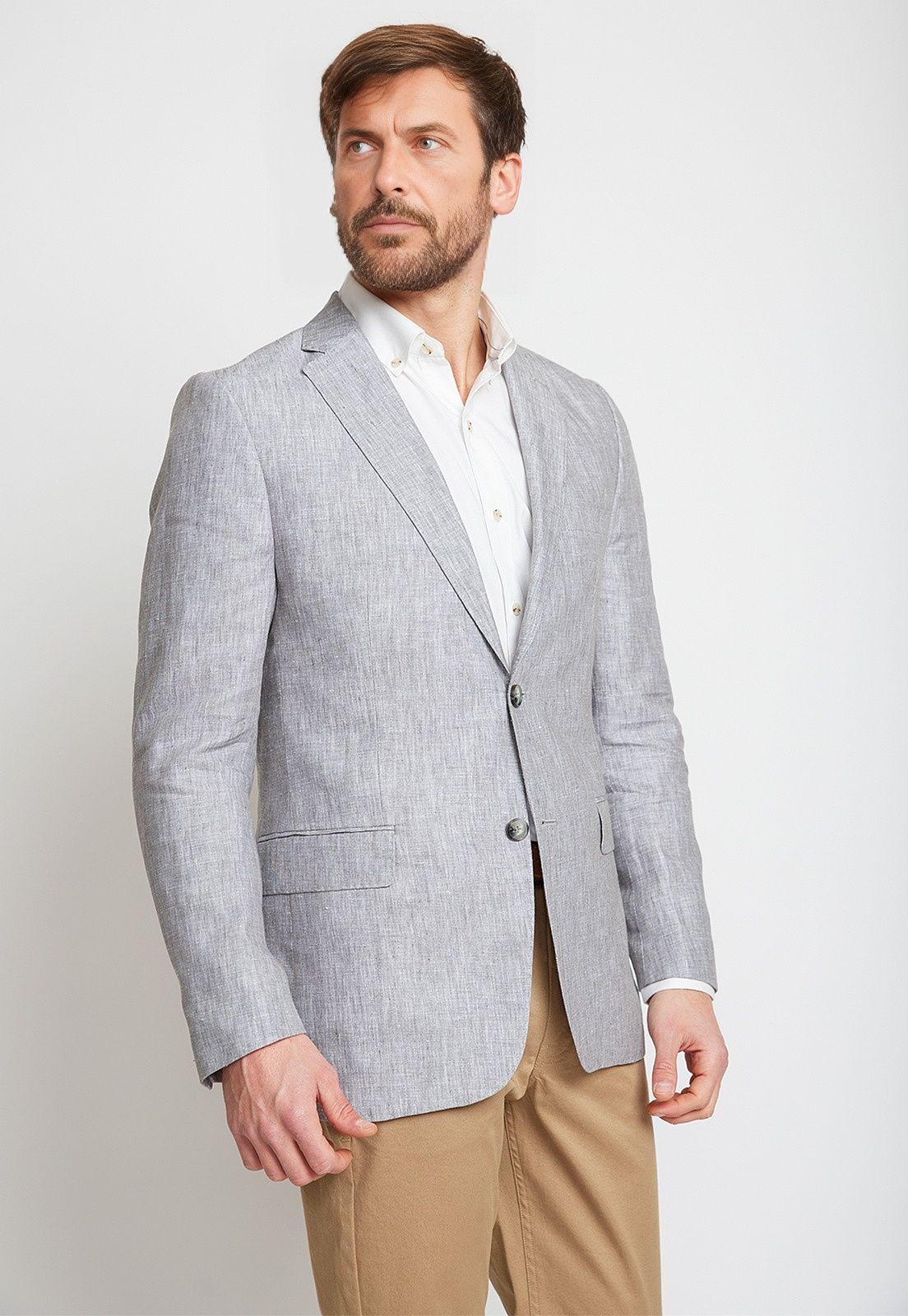 Chaqueta Hombre Mezcla Lino Algodón Liso Slim Europa Gris-0