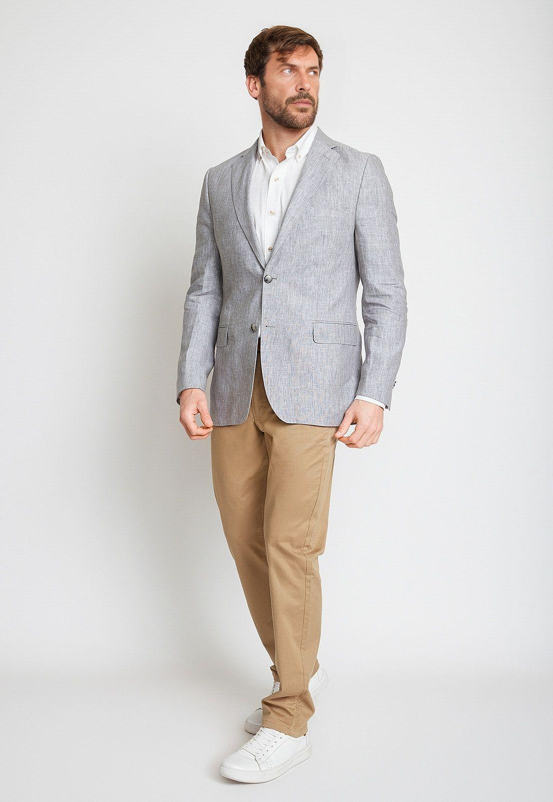 Chaqueta Hombre Mezcla Lino Algodón Liso Slim Europa Gris-3