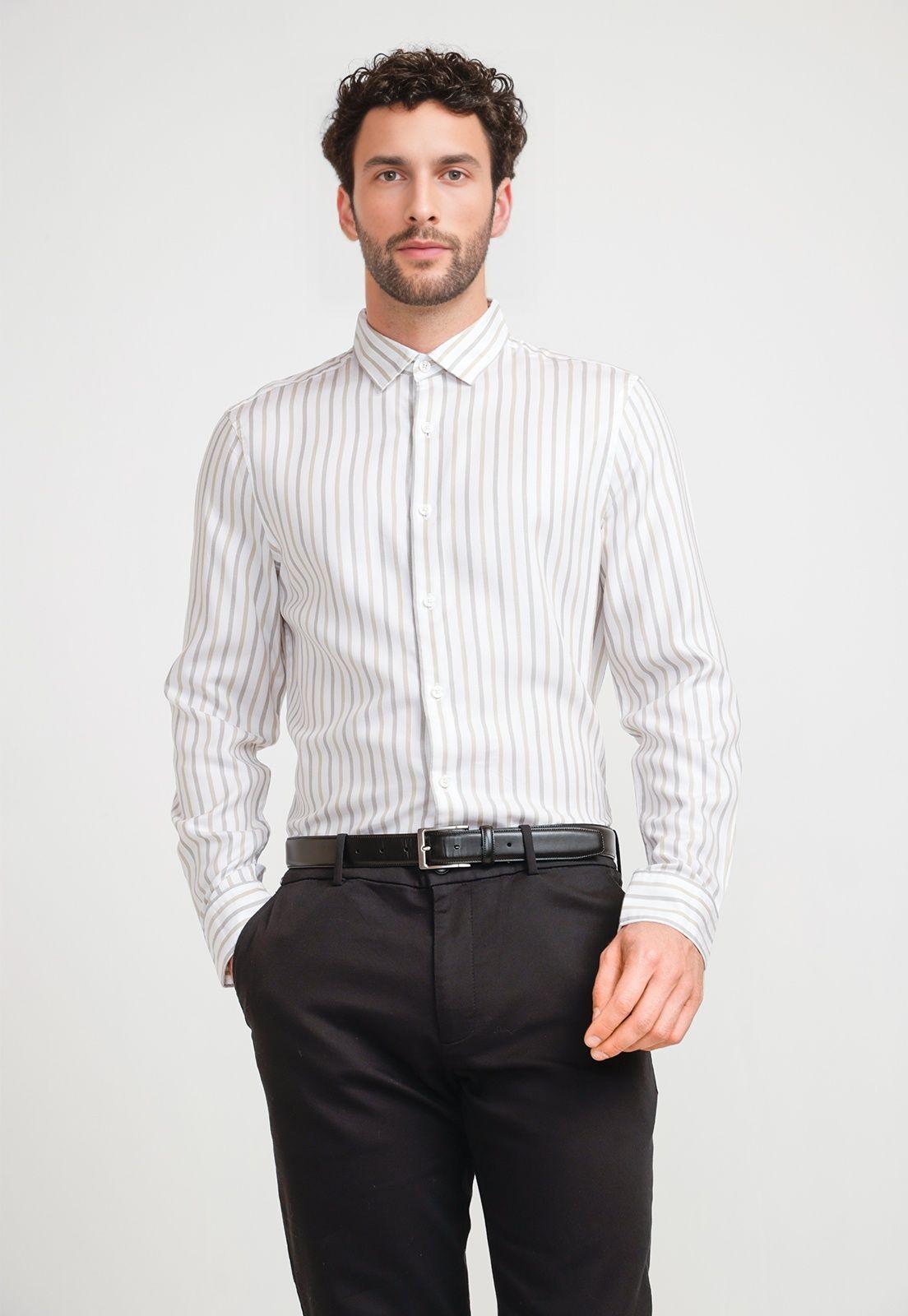 Camisa Hombre Manga Larga Listada Blanca-0