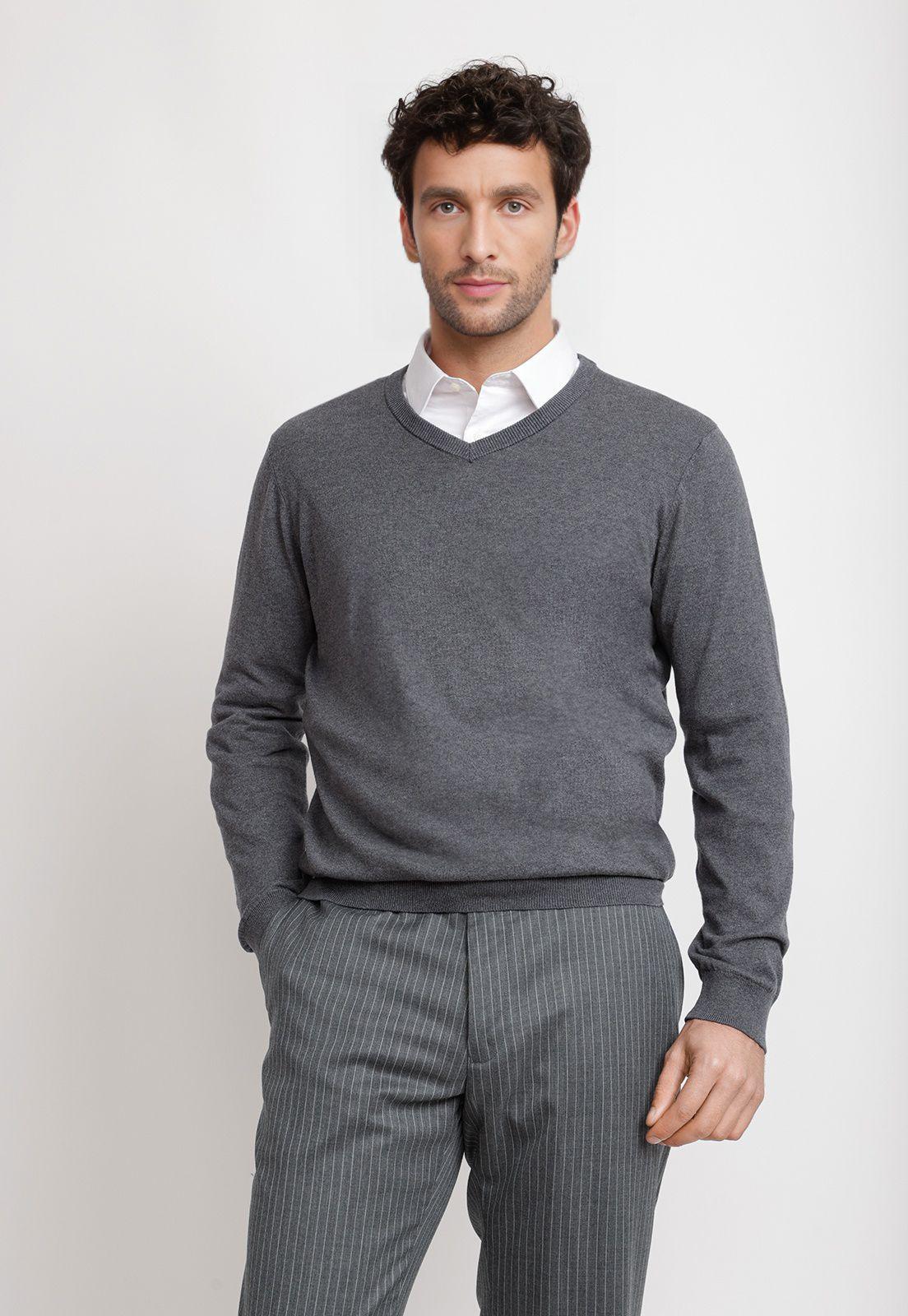 Sweater Cuello V Lana Seda Gris-0