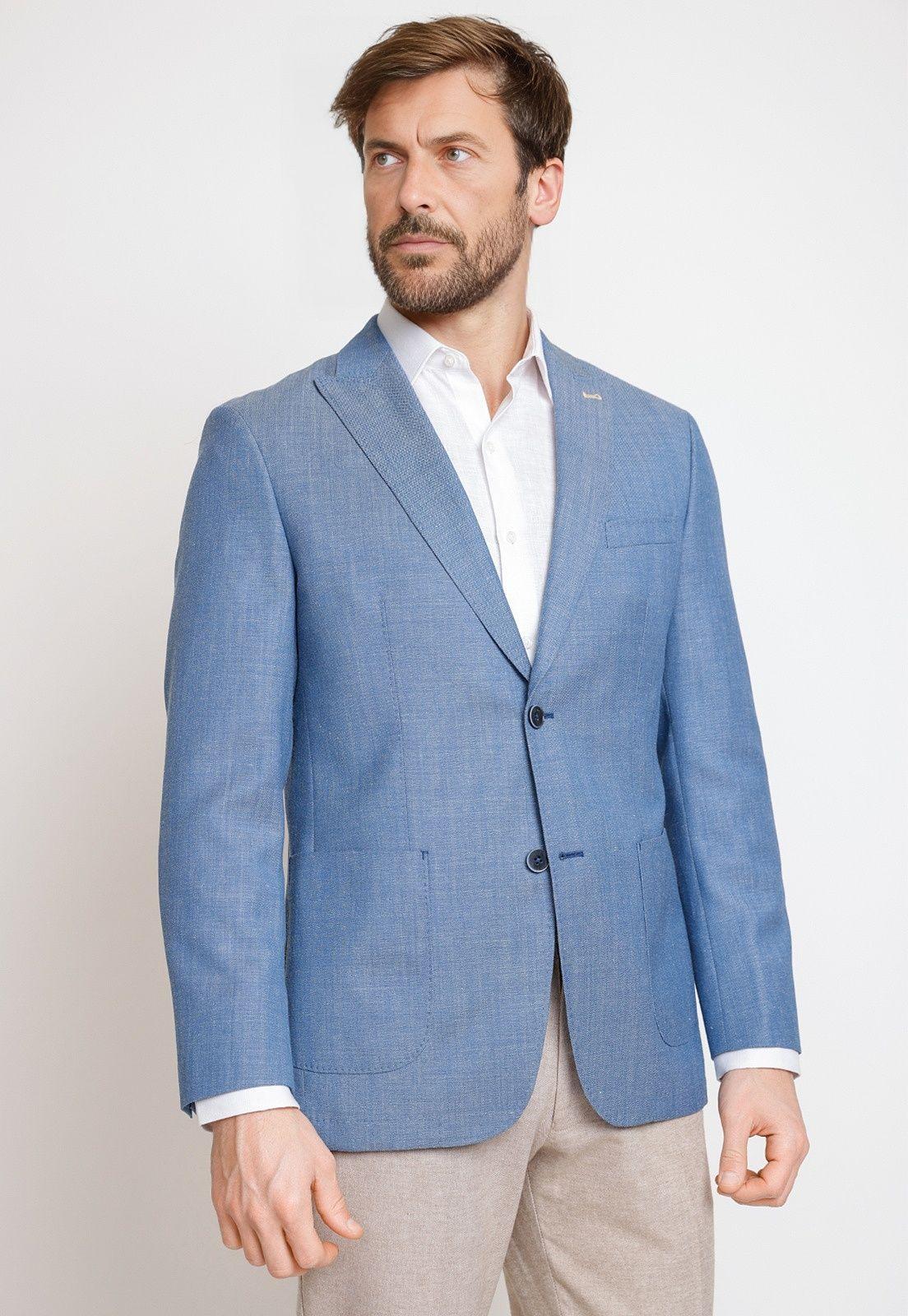 Chaqueta Hombre Mezcla Lana Lino Cuadros Slim Catrino Celeste-0
