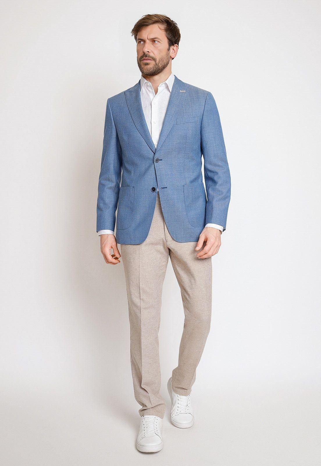 Chaqueta Hombre Mezcla Lana Lino Cuadros Slim Catrino Celeste-3
