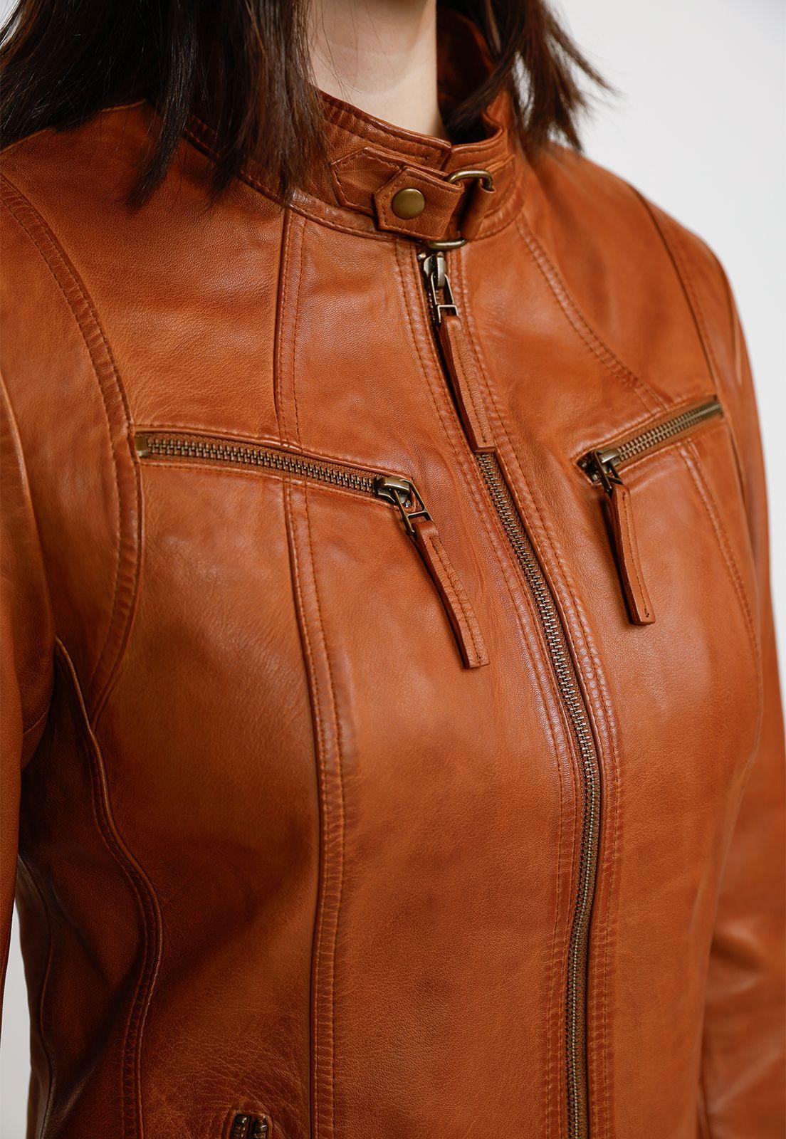 Chaqueta Cuero Mujer Camel-2