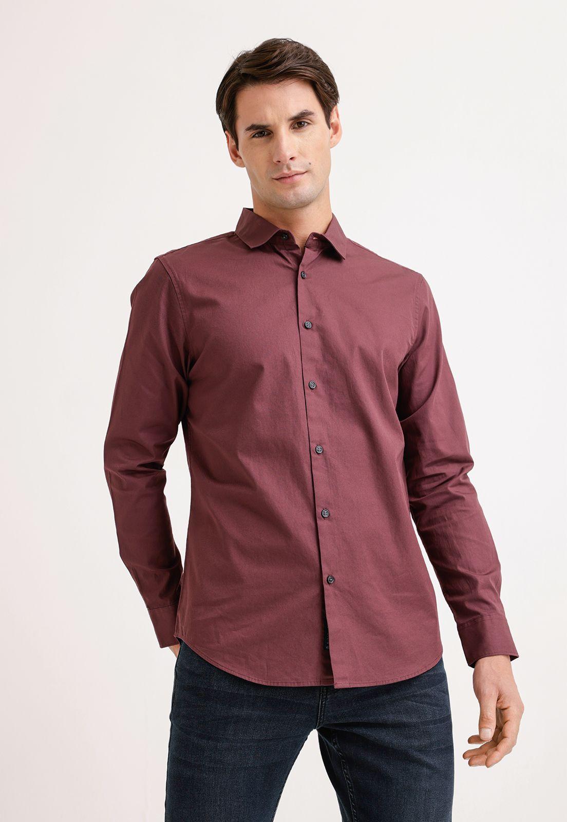 Camisa Hombre Manga Larga Twill Algodón Burdeo-0