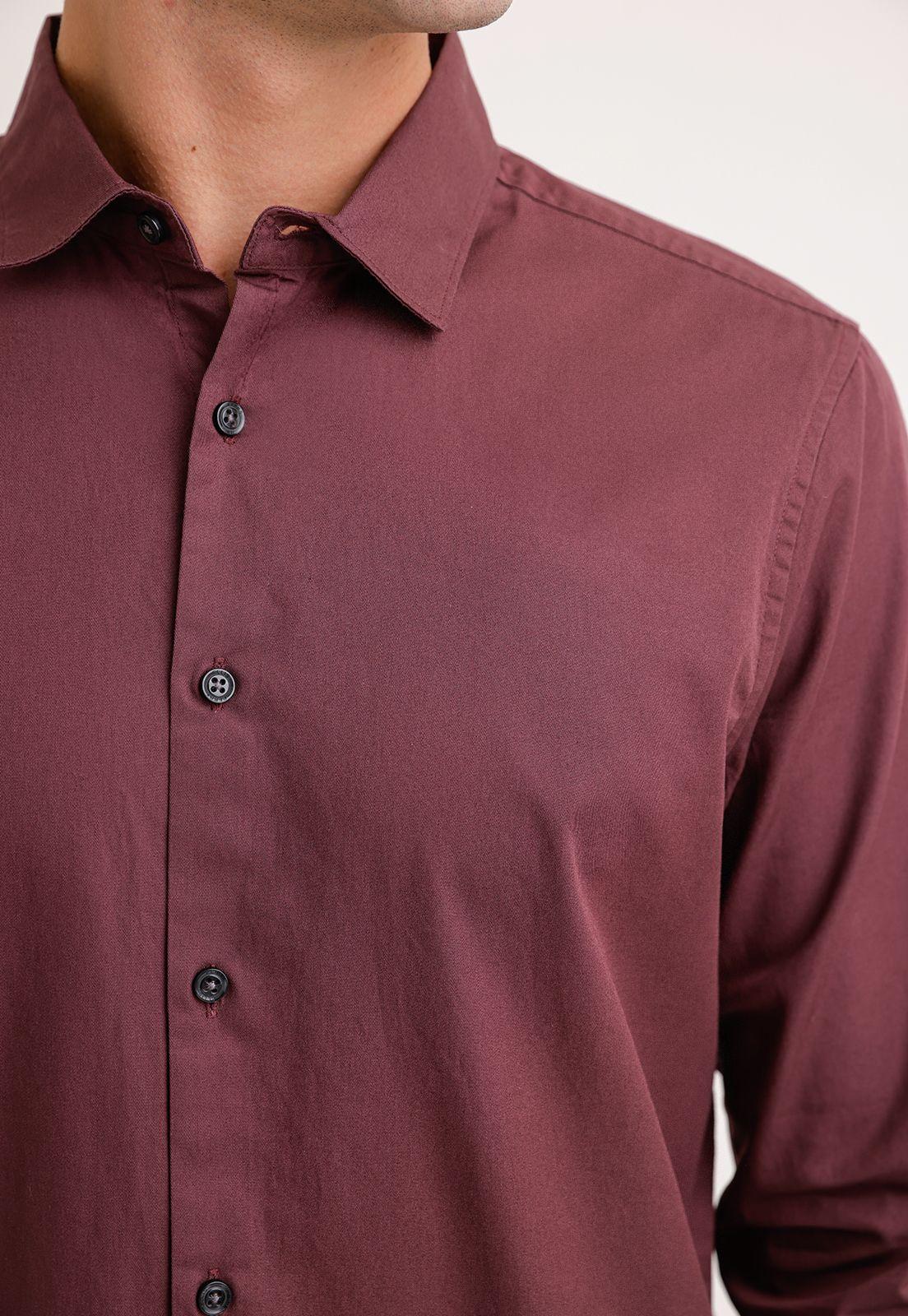 Camisa Hombre Manga Larga Twill Algodón Burdeo-2