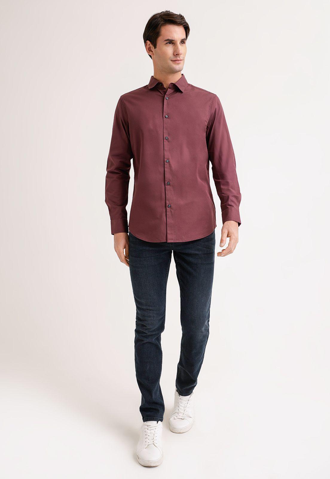 Camisa Hombre Manga Larga Twill Algodón Burdeo-3