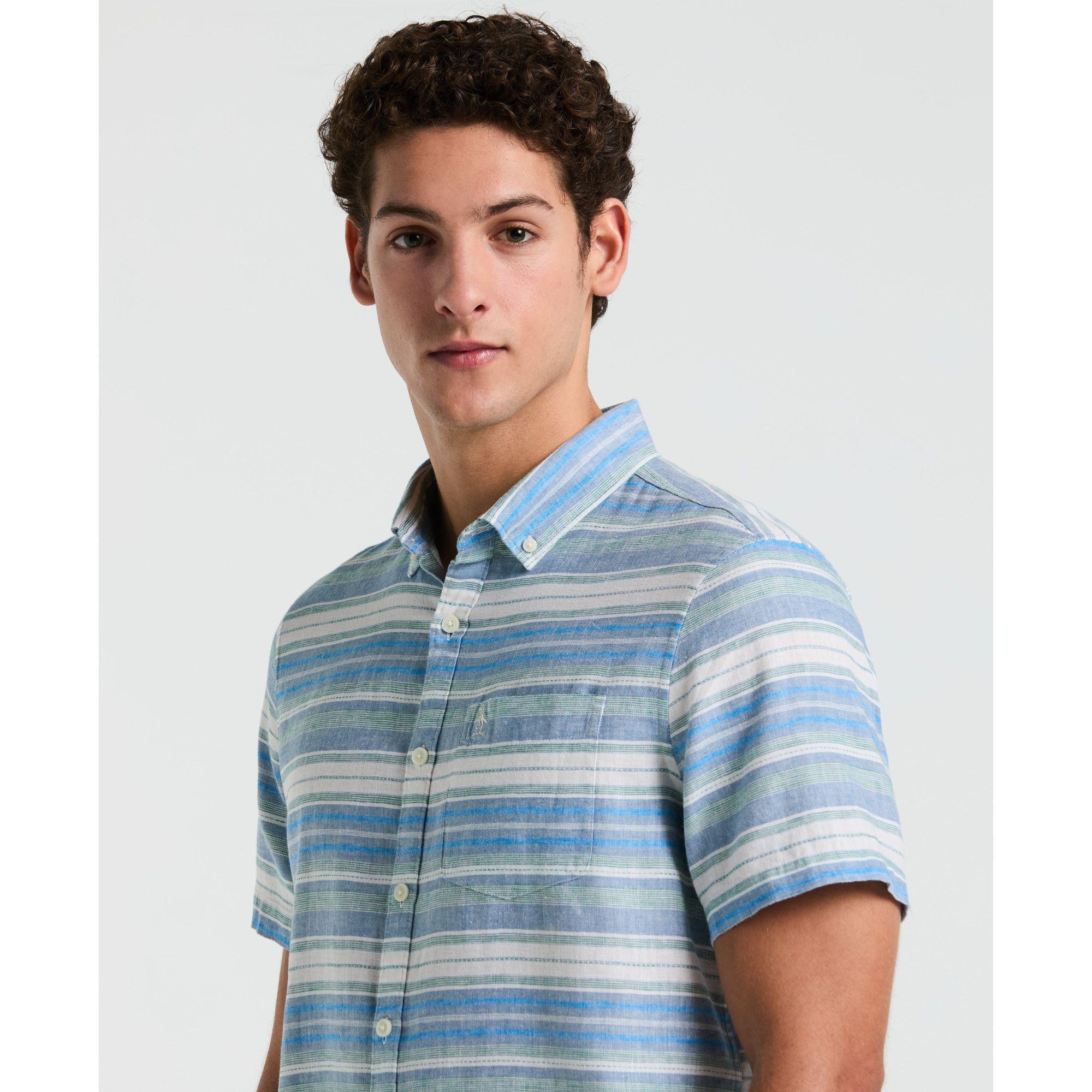 Camisa Hombre Manga Corta Rayada Azul-2
