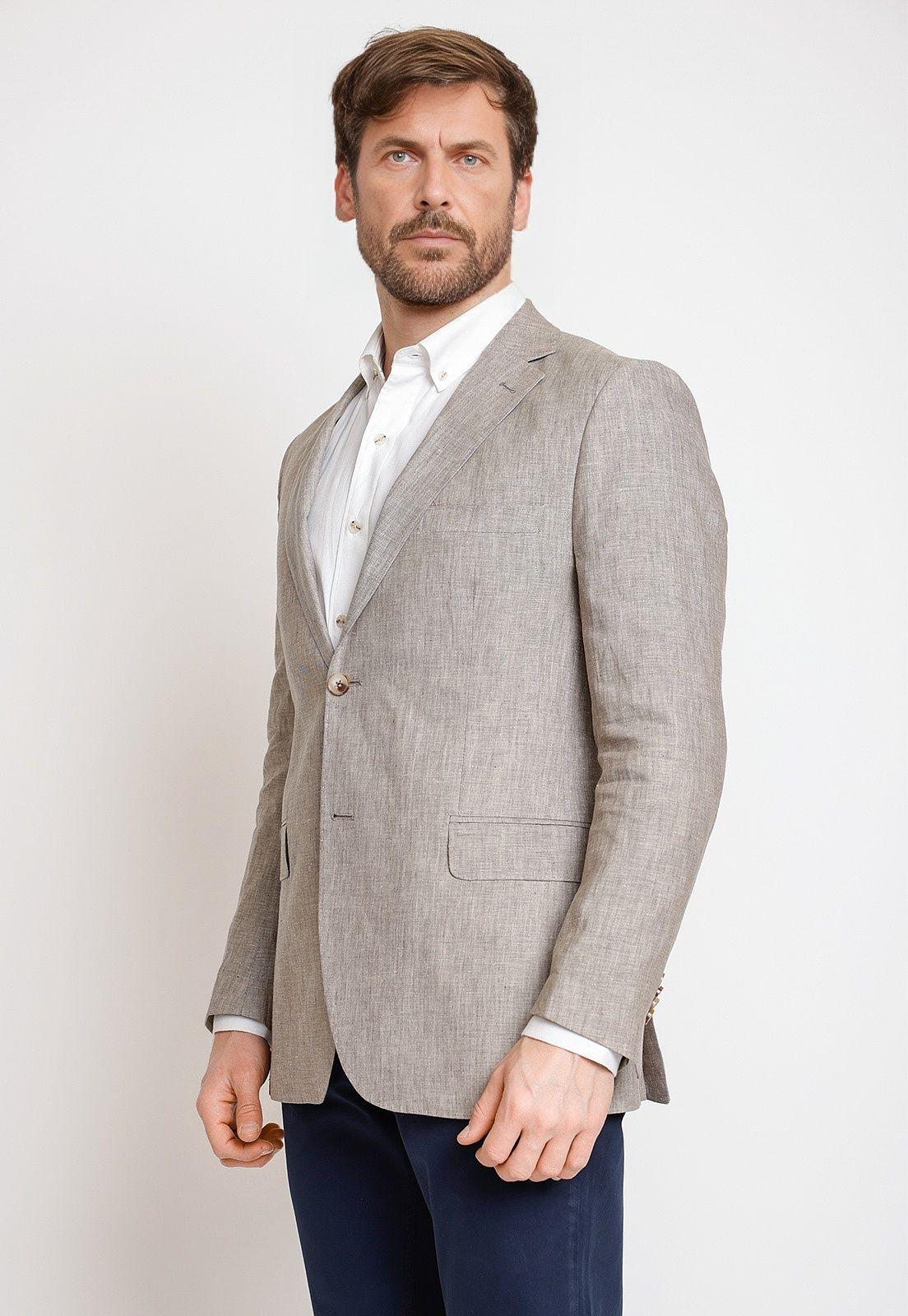 Chaqueta Hombre Casual Mezcla Lino Algodón Liso Slim Europa Ecru-0