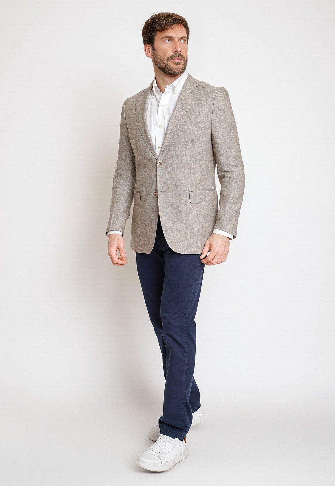 Chaqueta Hombre Casual Mezcla Lino Algodón Liso Slim Europa Ecru-3