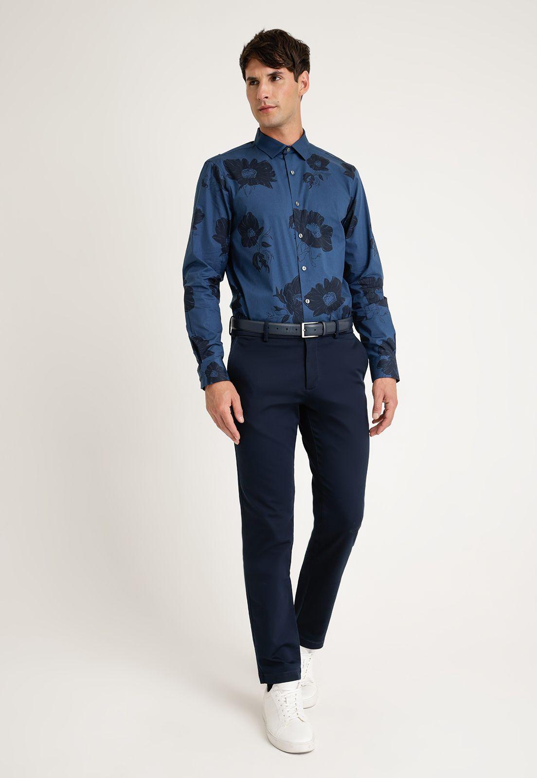 Camisa Hombre Manga Larga Stretch Estampada Azul Piedra-3
