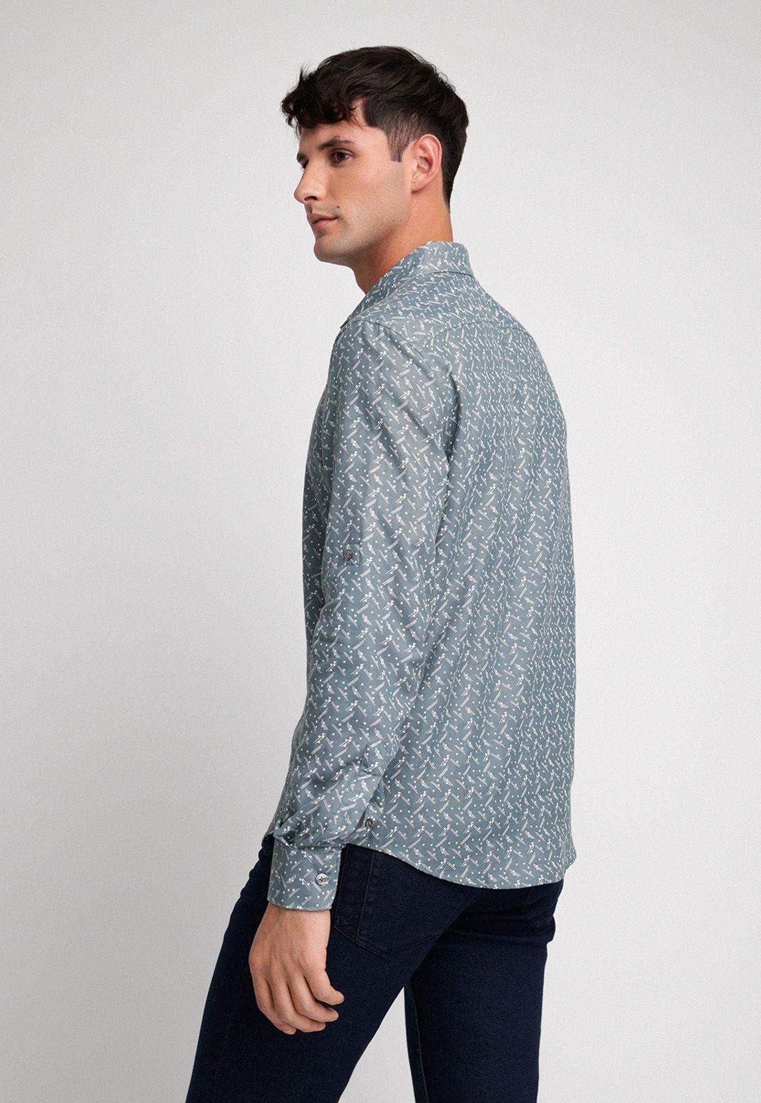 Camisa Hombre Manga Larga Algodón Estampada Verde-1