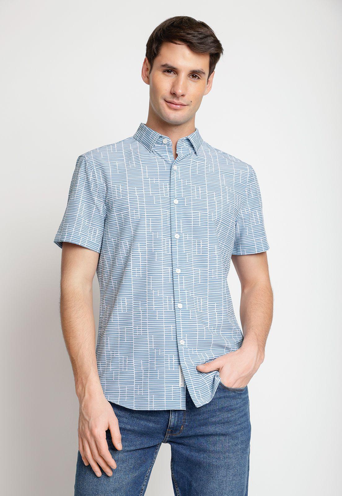 Camisa Hombre Manga Corta Stretch Estampada Celeste-0