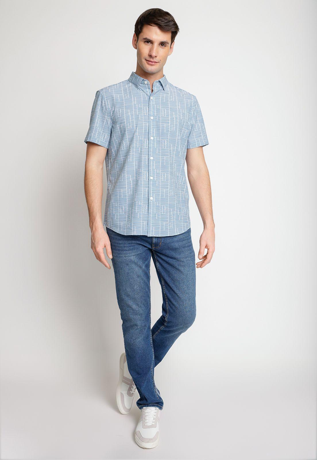 Camisa Hombre Manga Corta Stretch Estampada Celeste-3