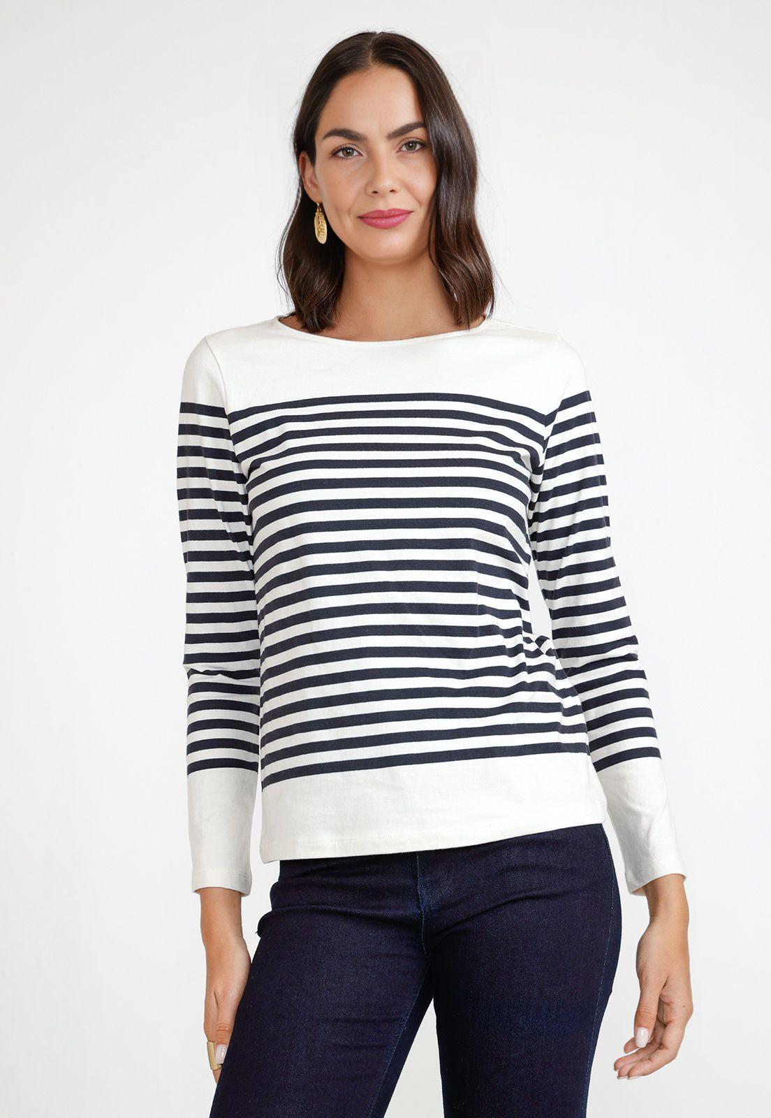 Polera Manga Larga Mujer Algodón Peruano Crudo Listado-0