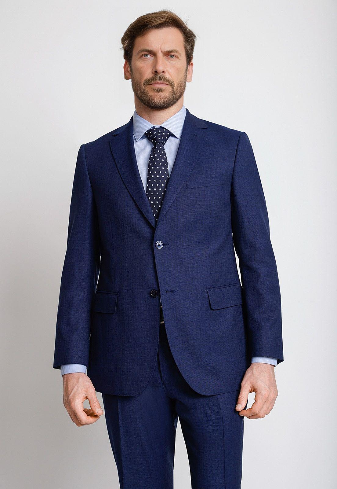 Traje Formal Hombre  Mezcla Lana Cuadros Regular Business Azulino-3