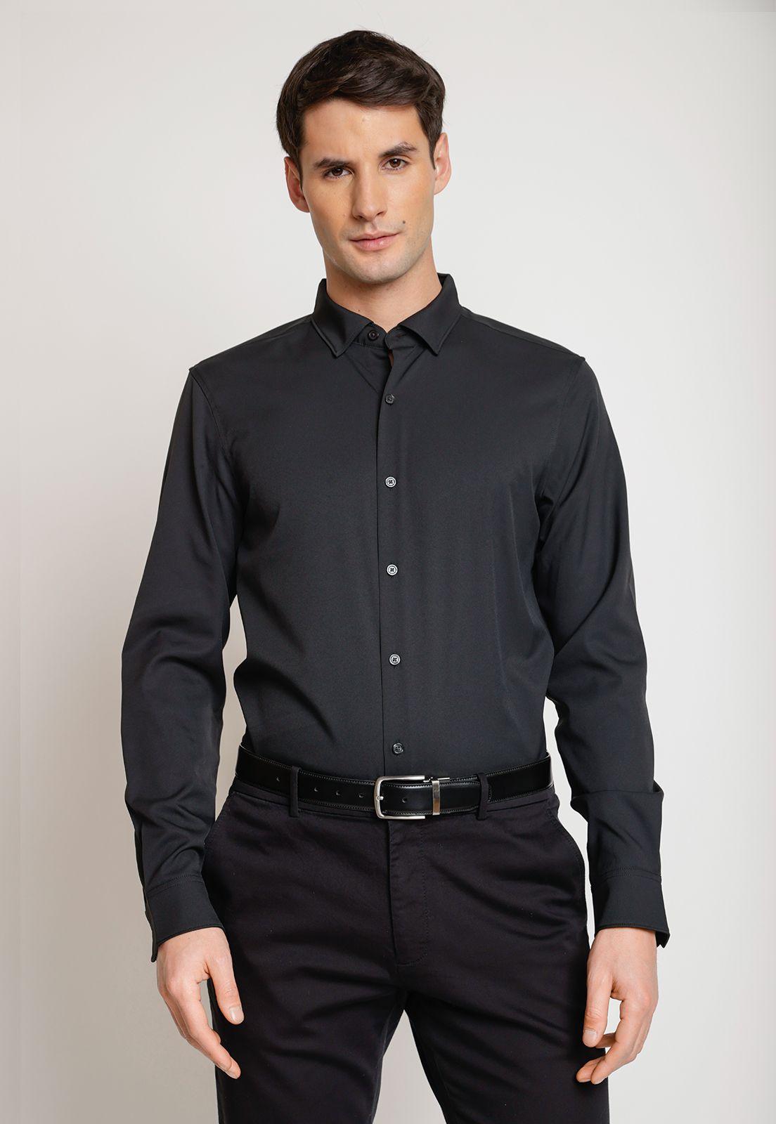 Camisa Hombre Manga Larga Total Stretch Lisa Negro-0