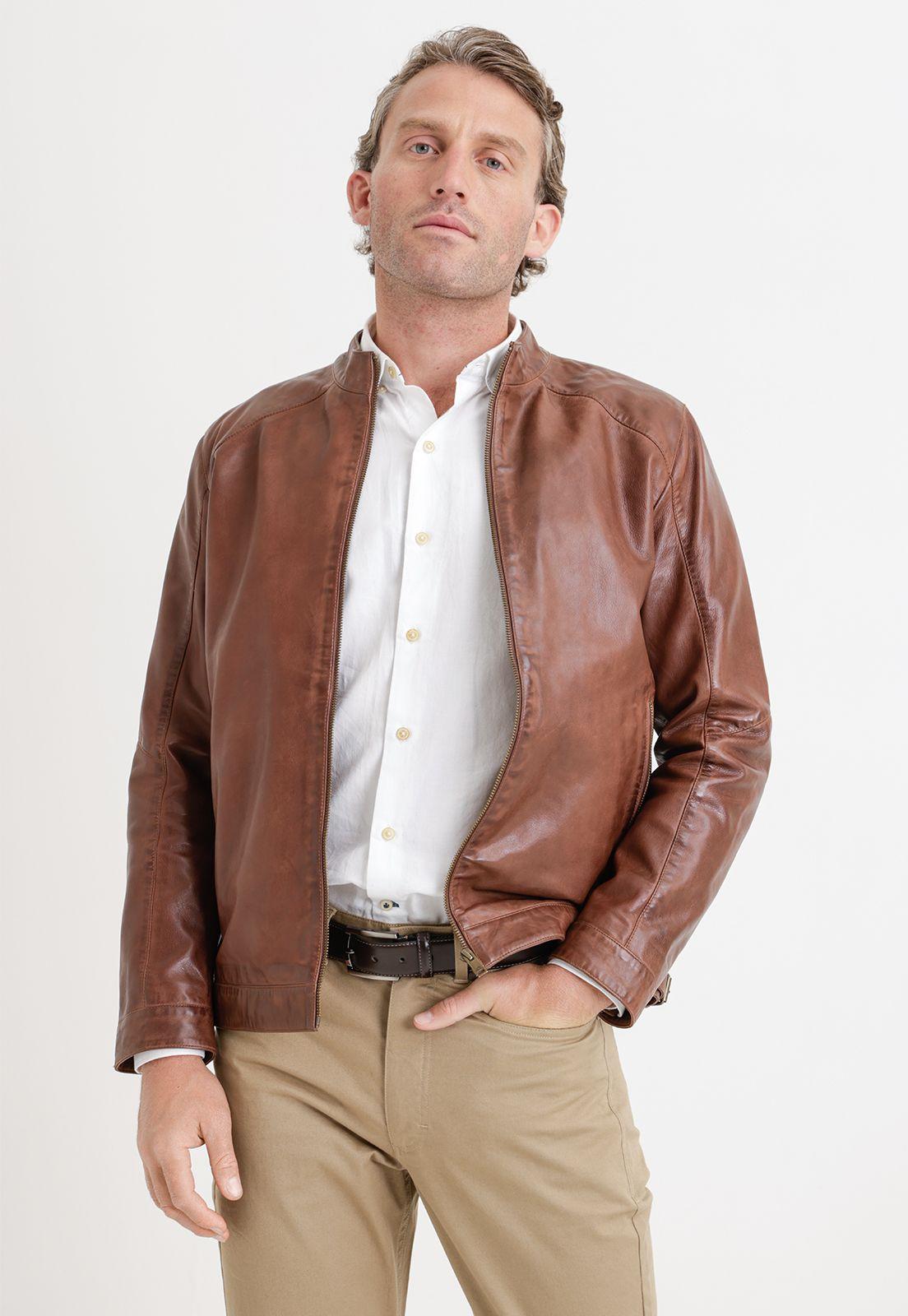 Chaqueta Hombre Cuero Liso Slim Amancio Tan-0