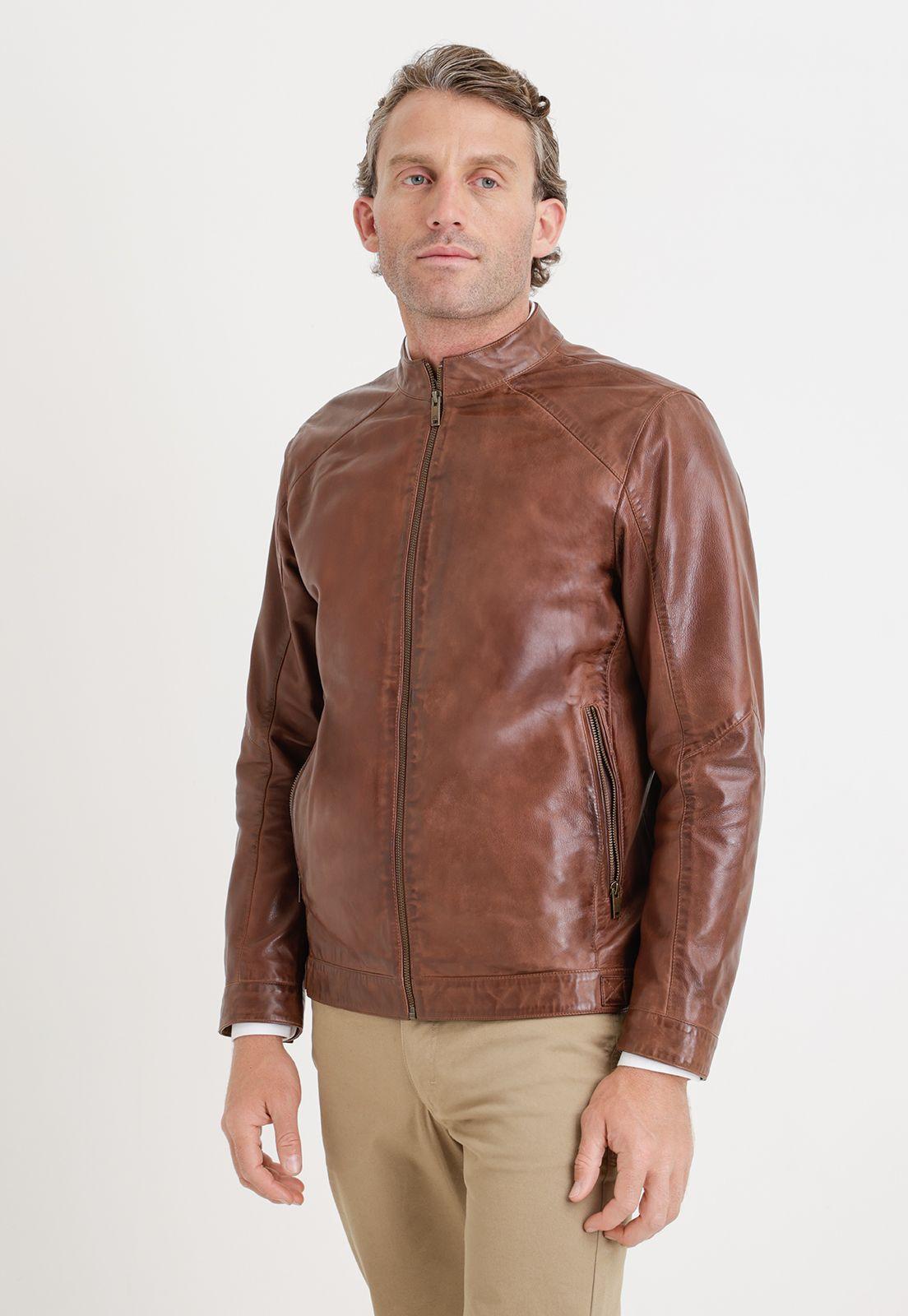 Chaqueta Hombre Cuero Liso Slim Amancio Tan-3