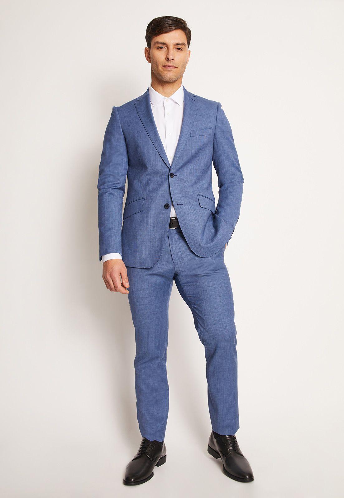 Traje Formal Lana Microdiseño Azul Medio-0