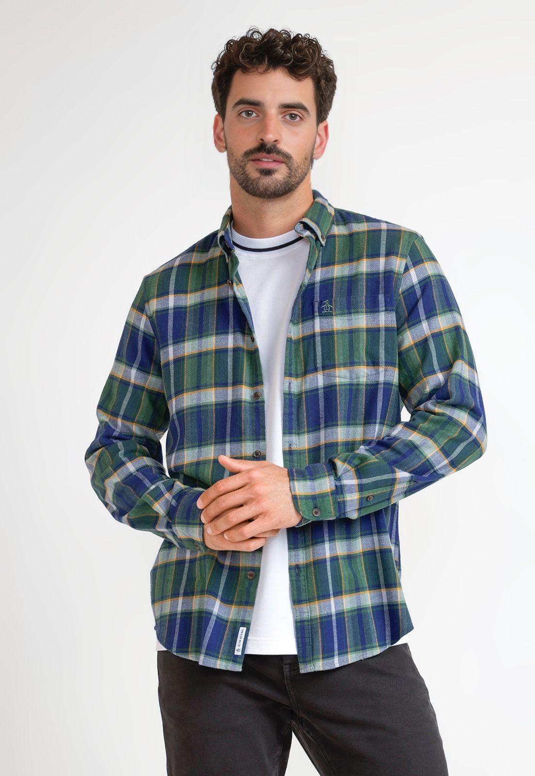 Camisa Hombre A Cuadros De Franela Azul-0