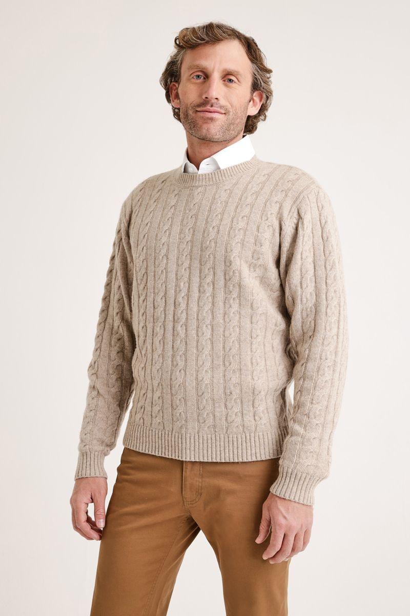 Sweater hombre cuello redondo trenzado beige-0