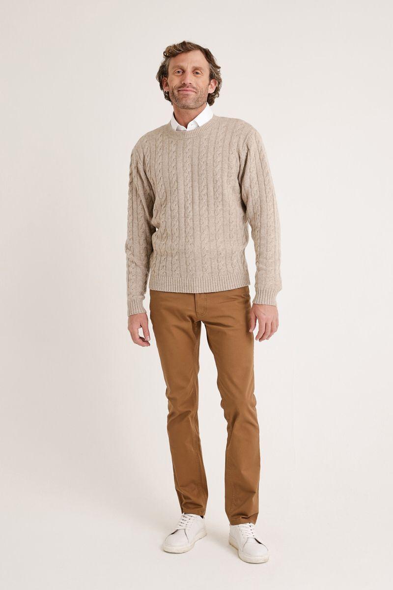 Sweater hombre cuello redondo trenzado beige-3