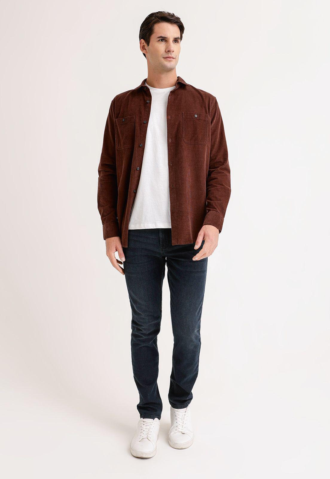 Camisa Hombre Manga Larga Micro Cotelé Cafe-3
