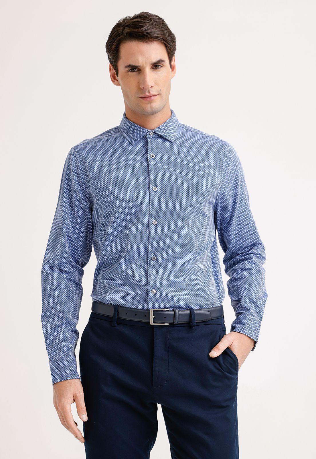 Camisa Hombre Manga Larga Algodón Azul-0
