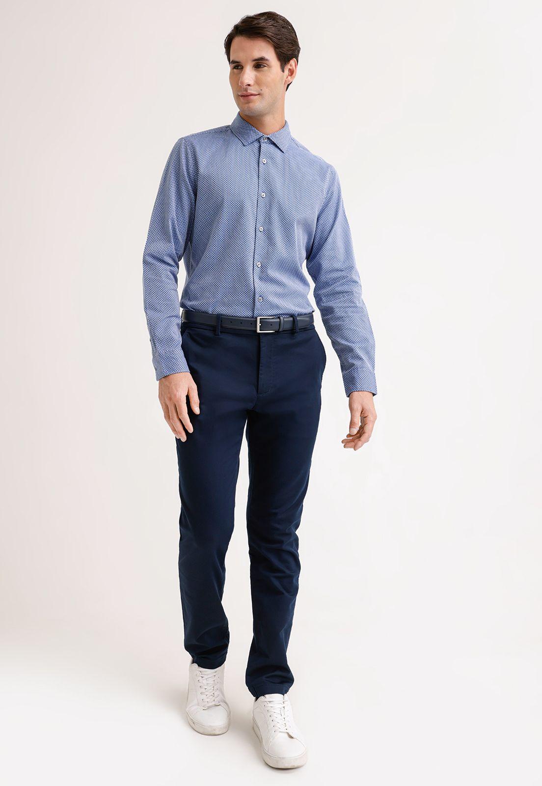Camisa Hombre Manga Larga Algodón Azul-3