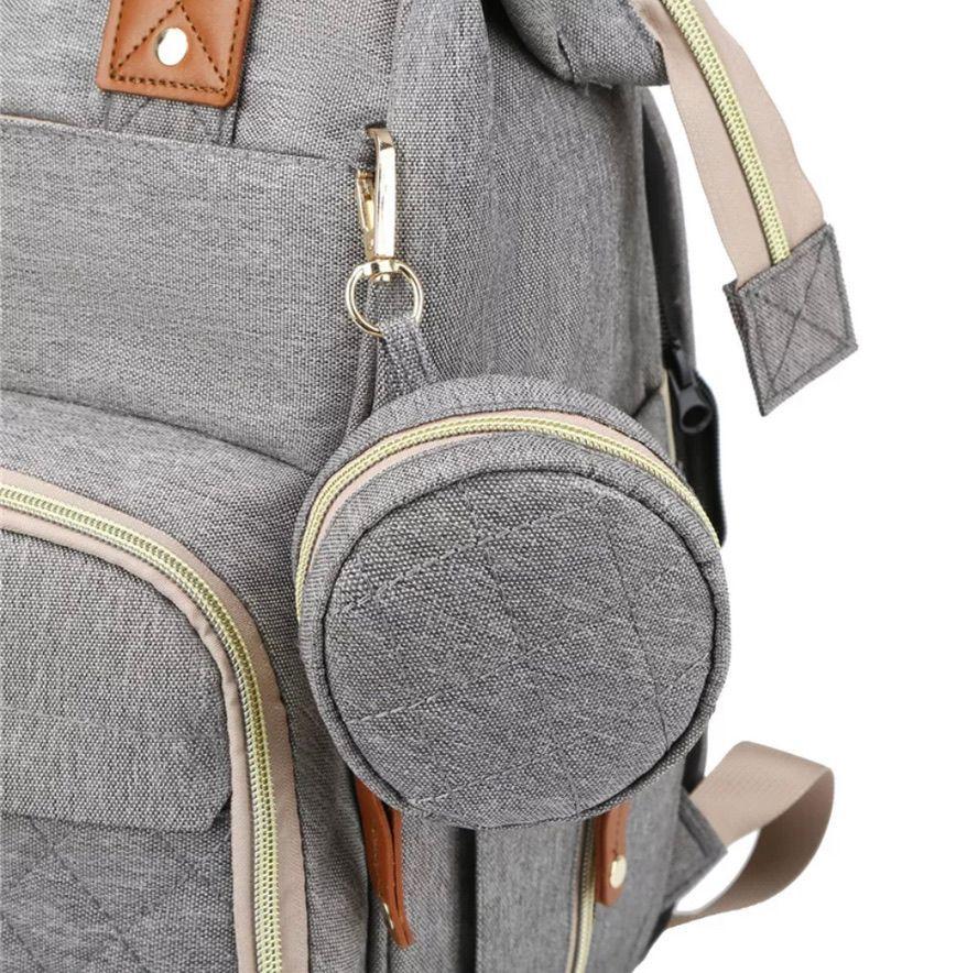 Mochila bebé pañalera cuna diseño gris ganchos coche-3