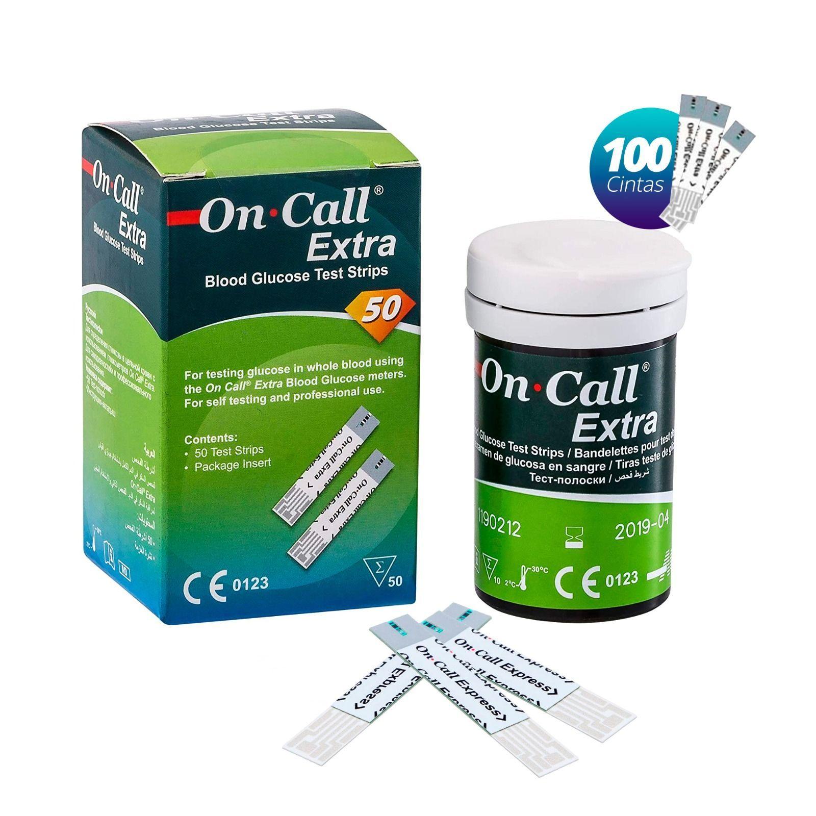 100 Cintas Tiras Reactivas para Glucómetro On Call Extra-0