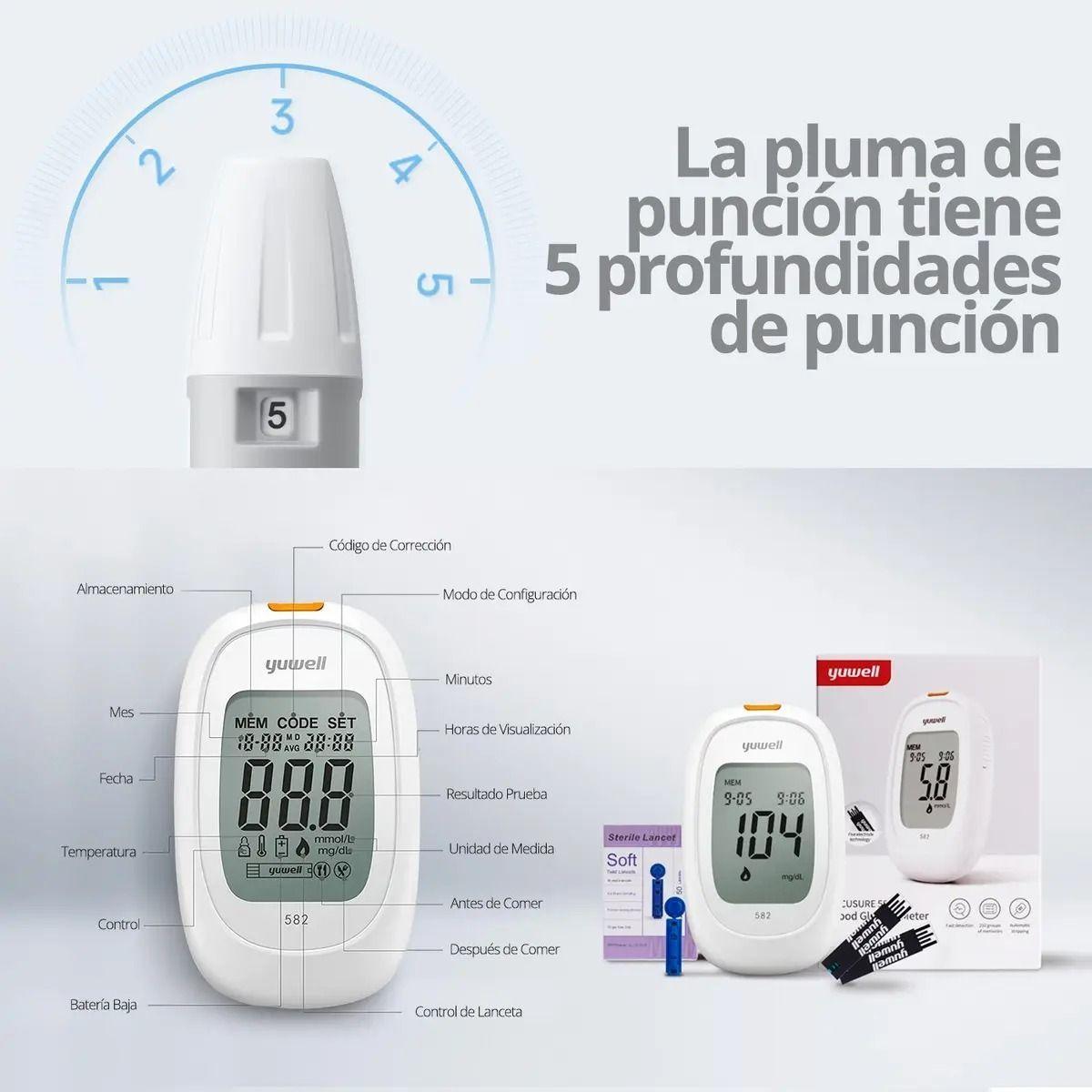 Gluc metro Inteligente Yuwell 582 Medidor Glucosa Glicemia Voz y Bluetooth 100 Cintas 100 Lancetas-3